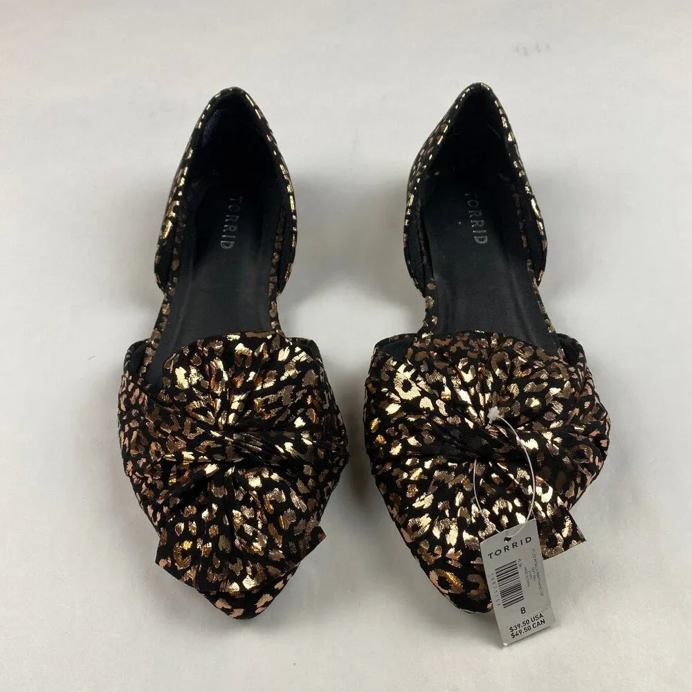 NWT Torrid Flats Black Metallic Gold Bow Leopard Print Shoes Women's Size 8WW - Picture 1 of 11
